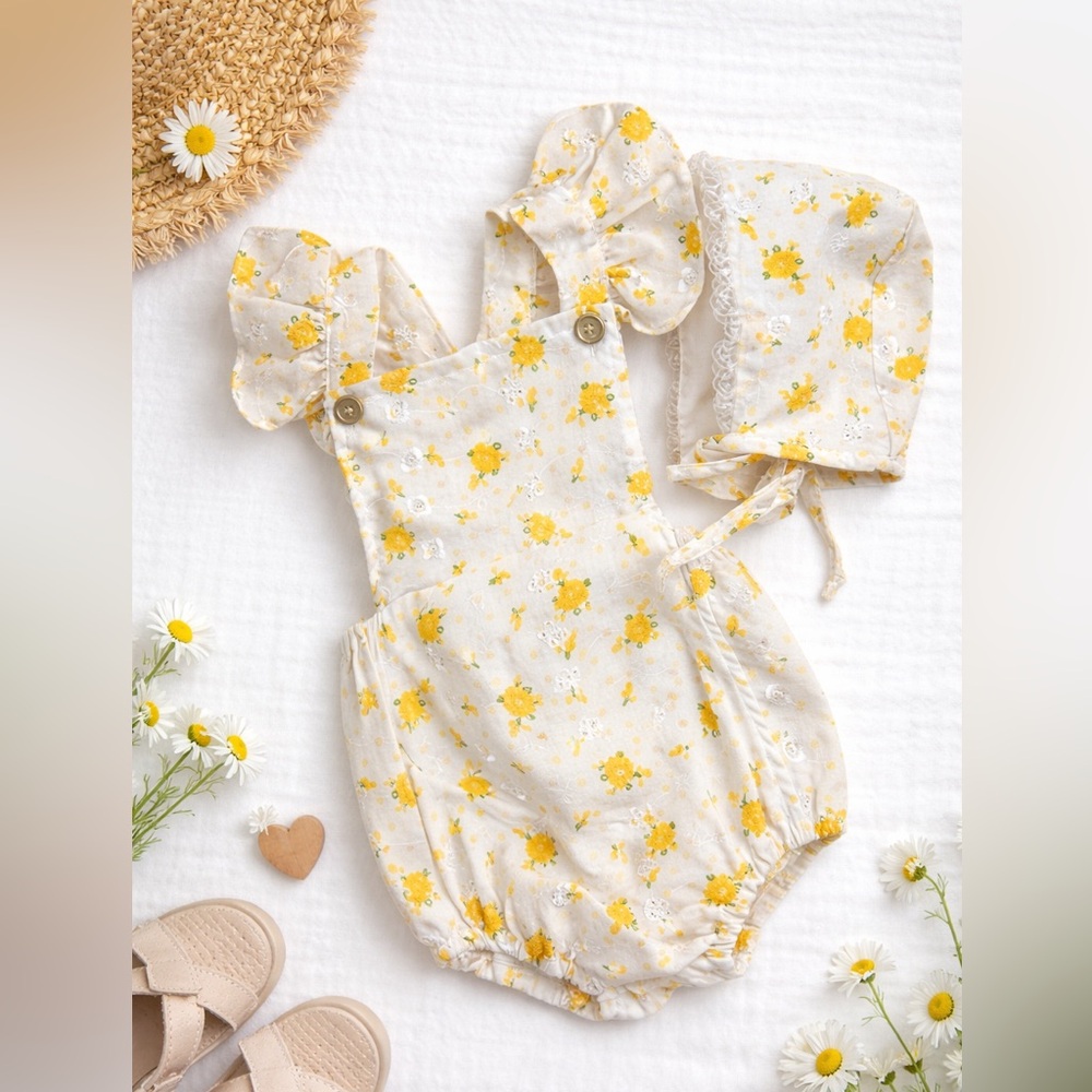 Sadie thenTy Romper and Bonnet Set, Size 12-18 months. Great Condition. Dainty
